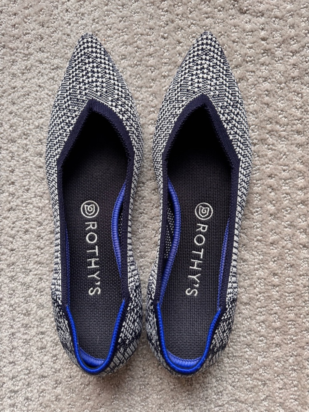 Rothy's Pointed Knit Flats in Black, White & Navy Trim